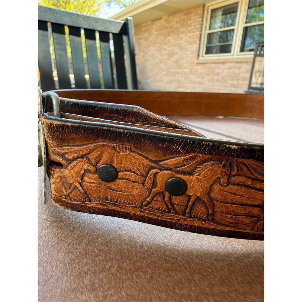 Tooled Leather Western Horse Belt Size 34 Brown Silver - Picture 4 of 7